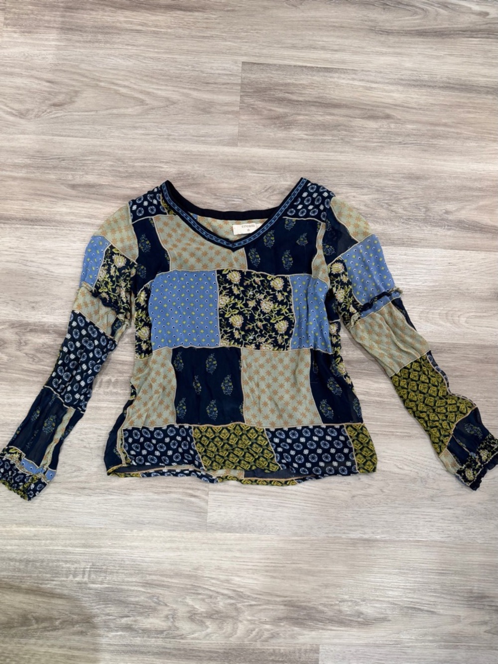 Patchwork Print Long Sleeve Top - Blue/Green